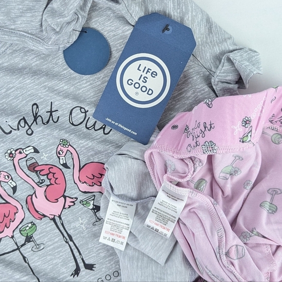 Life Is Good Flamingo Girls Night Out PJ Set Short Sleeve Shorts Pink Grey M NWT - Picture 12 of 13